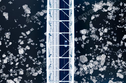 Preview: Top view of river, floe and bridge in winter