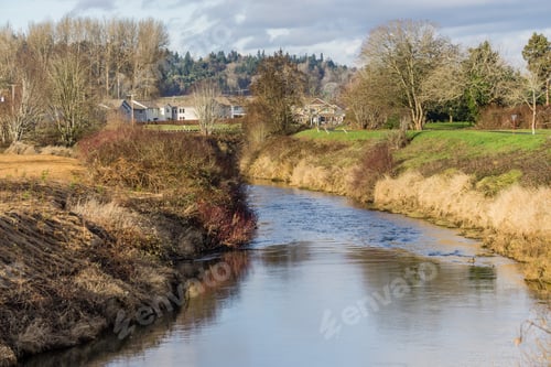 Preview: A View Of The Green River And Homes In Kent, Washington. It Is December.