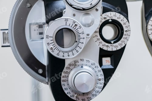 Preview: close up of phoropter used in ophthalmology and optometrist office for eye examinations for glasses