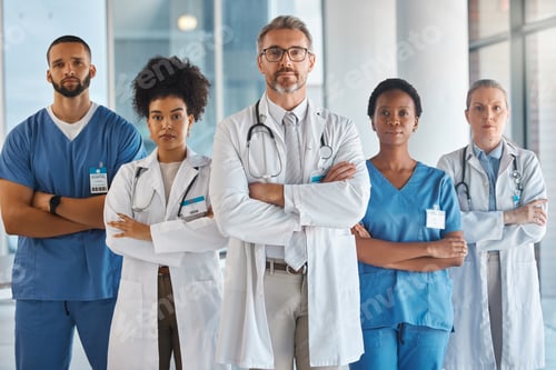 Preview: Doctors, nurses and team portrait in hospital, clinic or medical office. Diversity, health and heal