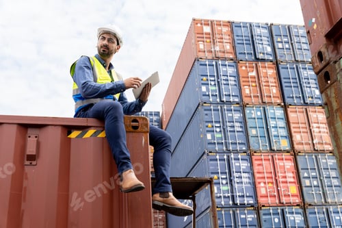 Preview: male engineers in a container shipping company