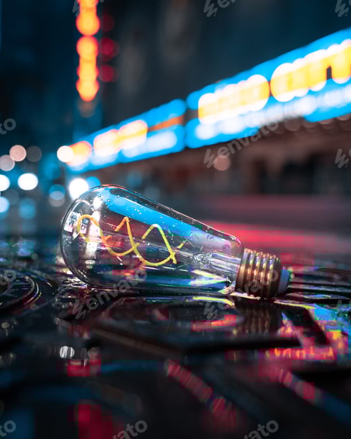 Preview: Bright yellow light bulb laying on a wet pavement in a bustling city at night