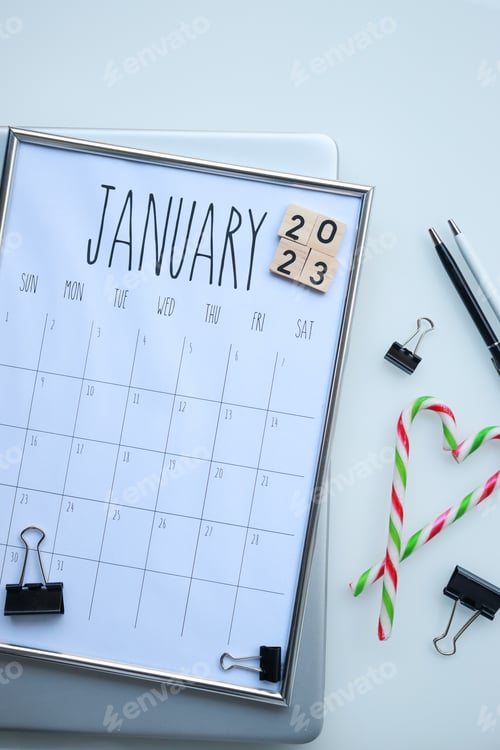 Preview: Calendar flat lay. January 2023. New year.