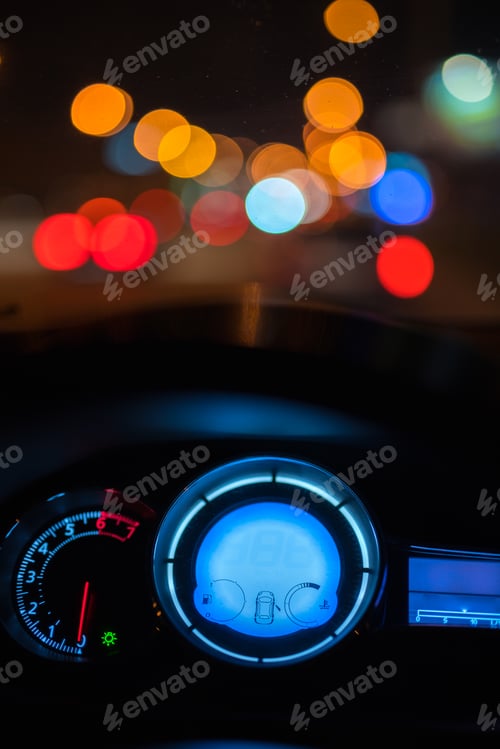 Preview: The speedometer of the modern car. Evening night time