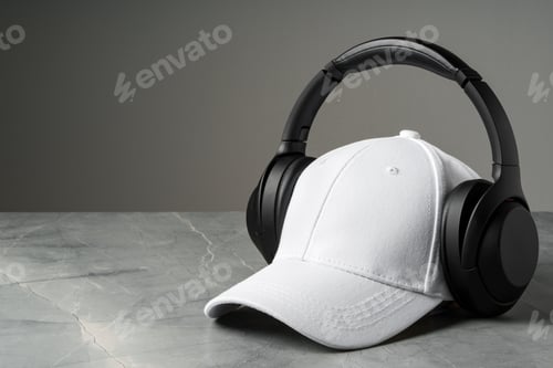 Preview: Baseball cap with black headphones on dark background