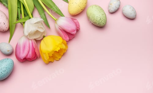 Preview: Colorful easter eggs and tulips creating festive border on pink background