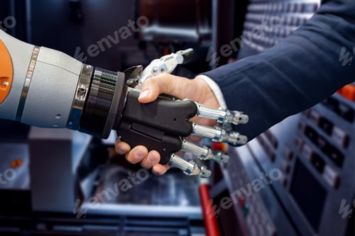 Preview: Hand of a businessman shaking hands with a Android robot.