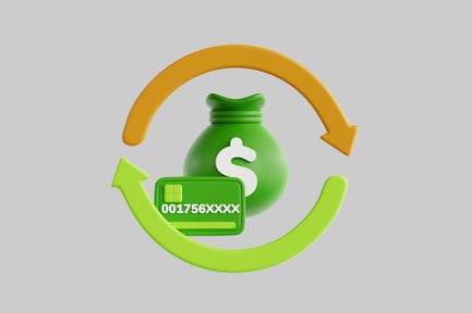 Visualização: Bolsa de dinheiro, cartão de crédito e seta direcional