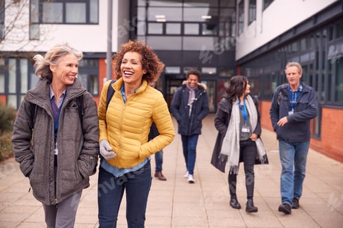 Preview: Group Of Smiling Mature Students Walking Outside College Building