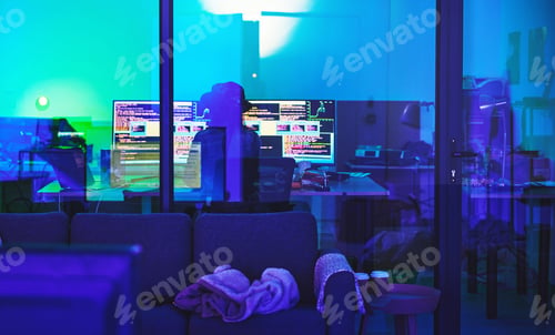 Preview: Hacker, back or computer screen in neon programming, cybersecurity ransomware or SEO night phishing