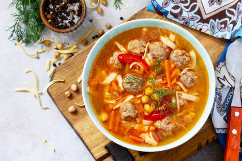 Preview: Homemade Hot Soup with pasta, turkey meatballs and Peas Chickpeas. Eastern cuisine.