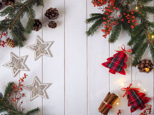 Preview: Christmas Decorations on a White Wood Background