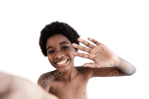Preview: Smiling Boy Waving Hello on White Background