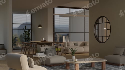 Preview: Modern contemporary spacious living room with sofa, coffee table, dining table, large glass wall
