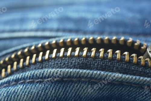 Preview: A CloseUp View of a Luxurious Golden Zipper on Fashionable Denim Jeans for Style