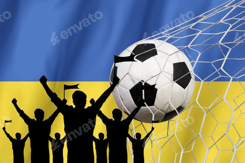 Preview: Silhouettes Of Soccer Fans With Flag Of Ukraine .Cheer Concept
