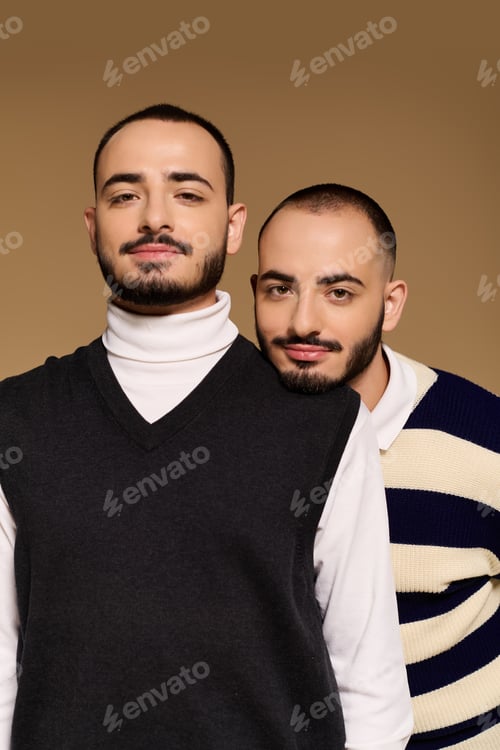 Preview: Stylish twin brothers showcasing their unique fashion sense in a modern setting