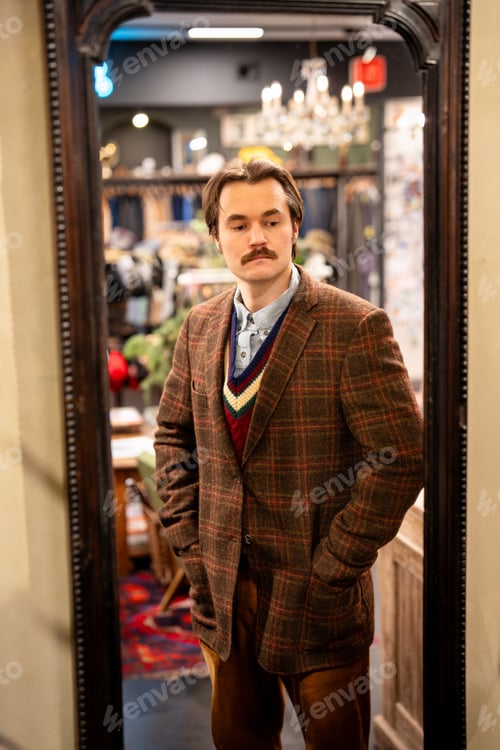Preview: Elegant male buyer posing in front of mirror in second hand vintage store wearing classy blazer.