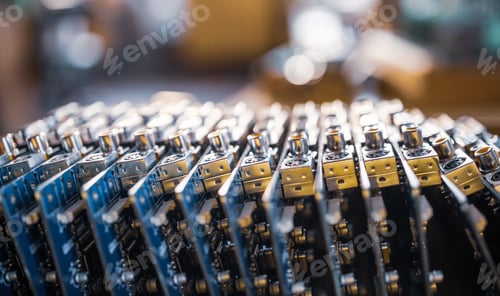Preview: Close-up blurry metal sockets on a computer video board