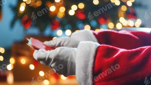Preview: Hand of Santa Claus with gloves opening Christmas letters