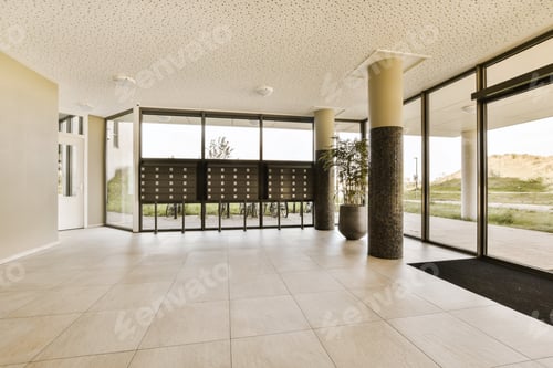 Preview: the lobby of a building with glass doors and windows