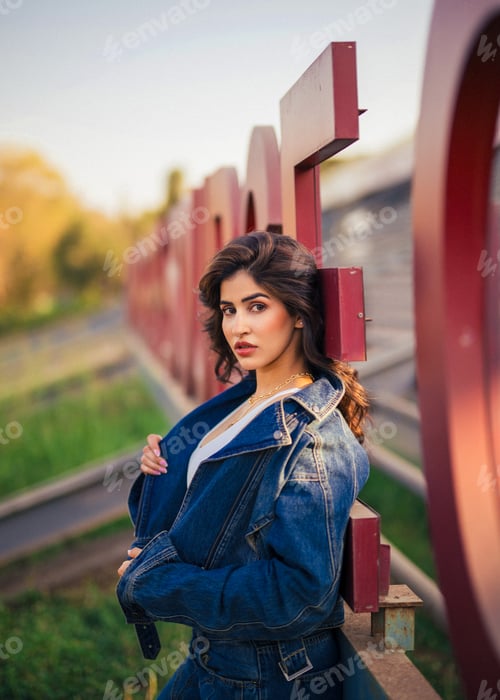 Preview: Stylish Woman Posing in Denim Jacket by Sign