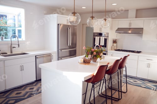 Preview: Interior View Of Beautiful Kitchen With Island Counter In New Family House