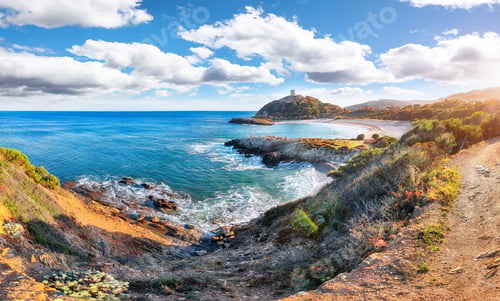 Preview: Astonishing View of beautiful Chia bay and wonderful beach with Torre di Chia tower.