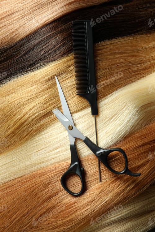 Preview: Female hair with scissors and hairbrush on whole background