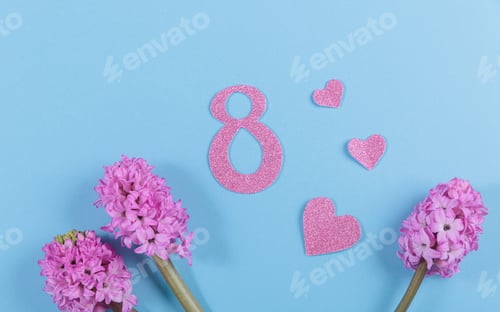 Preview: March 8 Women's Day card from spring hyacinth flowers