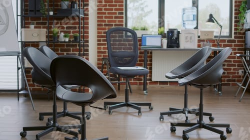 Preview: Empty room for aa support meeting with chairs in circle at group therapy session