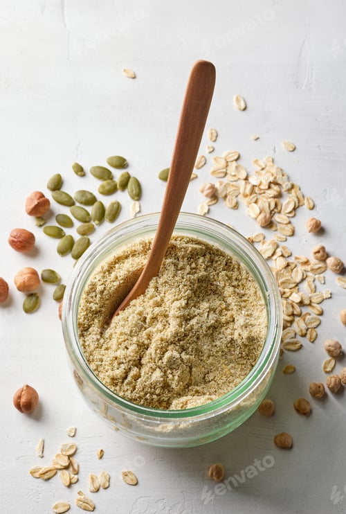 Preview: jar of plant based protein powder