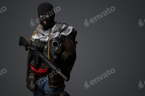 Preview: Militant from middle east, camo attire with rifle