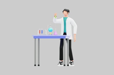 Visualização: Cientista de desenhos animados na mesa do laboratório