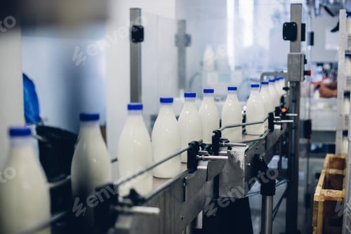 Preview: Selective focus shot of complete milk bottling line in a factory