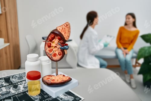 Preview: Urologist consultation for adult woman. Collecting urine to tests and treatment of kidney diseases