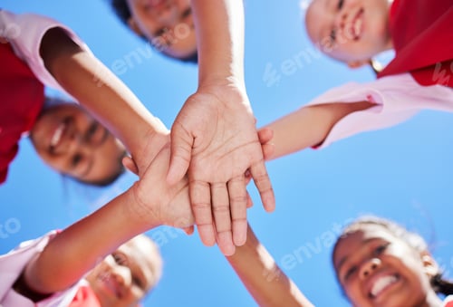 Preview: Hands, children and community with girl collaboration on environment cleaning project, happy and ex