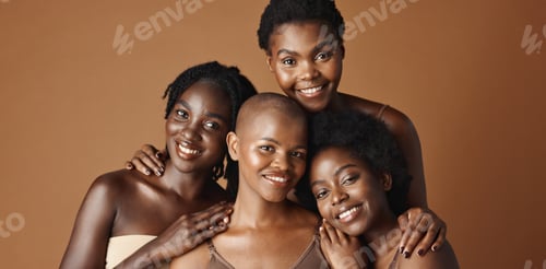 Preview: Skincare, beauty and face of black women in studio with glowing, natural and facial routine. Smile,