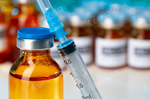 Preview: Medical vial with medication and syringe close up