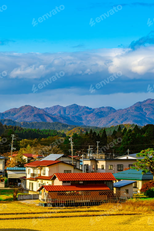 Preview: Vertical view of houses and mountains in the background in Daisen city, Akita Prefecture, Japan