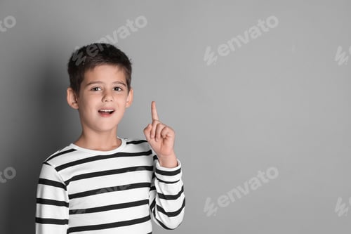 Preview: Portrait of cute little boy on grey background, space for text