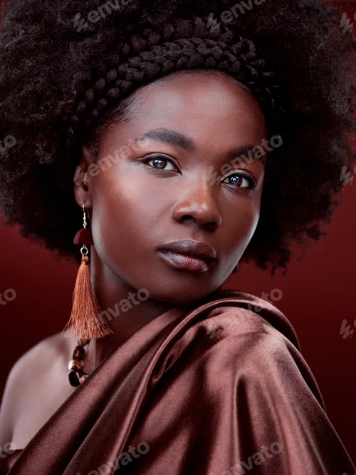 Preview: Cropped portrait of a beautiful young woman posing against a red background