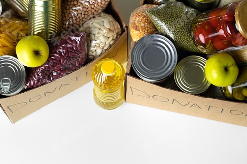 Preview: Donation box with various food. Pandemic support