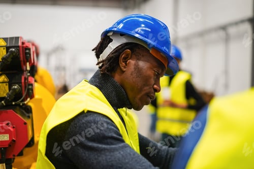 Preview: African american man working inside mechanical engineering factory