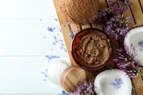 Preview: Skin care scrub concept on white wooden background