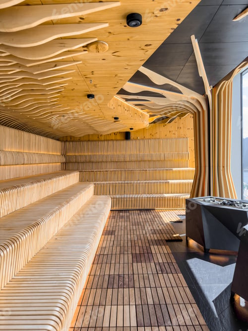 Preview: Wavy sauna ceiling. Tiered benches. Parametric interior