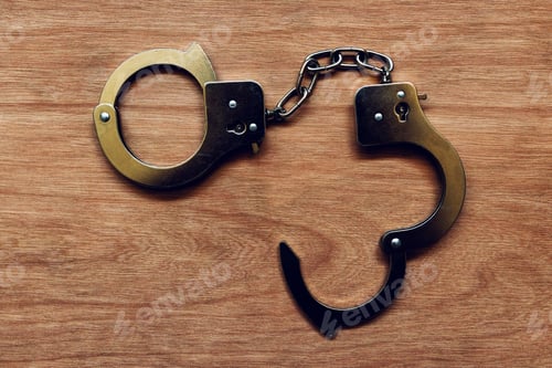 Preview: Handcuffs on wooden background