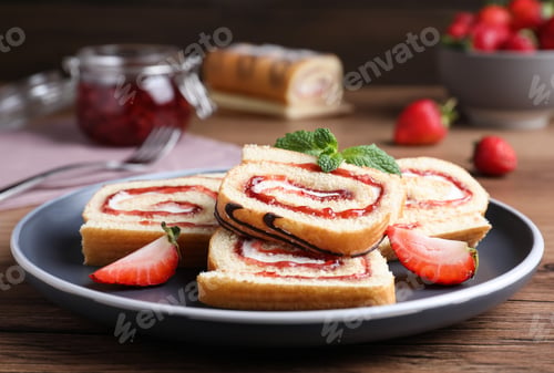 Preview: Tasty cake roll with strawberry jam and cream on wooden table, closeup