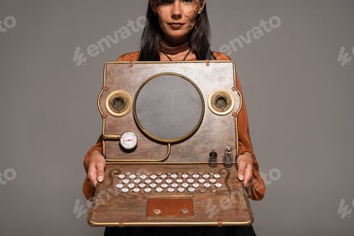 Preview: cropped view of woman showing steampunk laptop isolated on grey