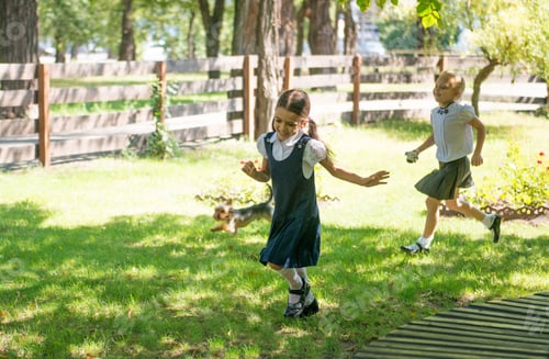 Preview: Two girls playing with a dog on the green lawn
